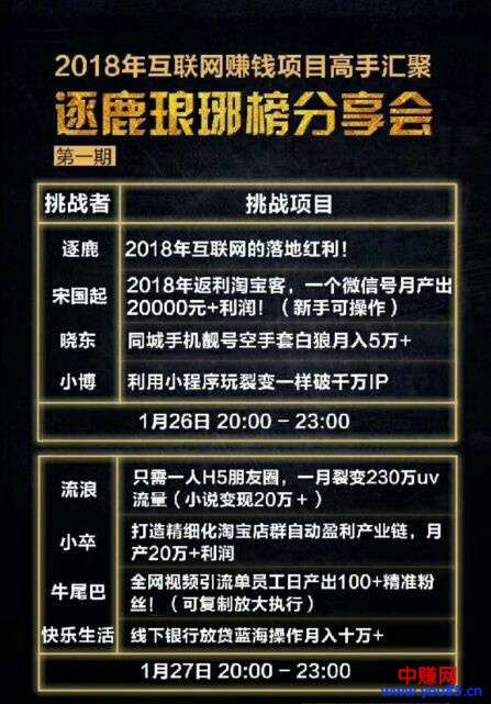 逐鹿琅琊会2018高手汇聚分享会：8个项目-最少一个月能赚5万-10元