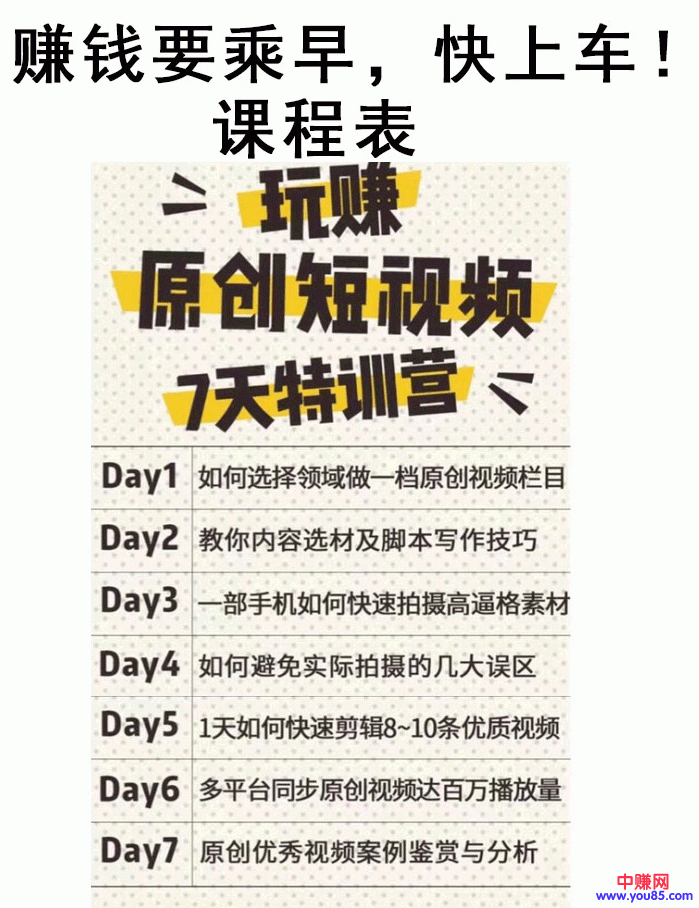 自媒体赚钱《玩赚原创短视频7天特训营》实现百万播放量（视频+资料+工具）