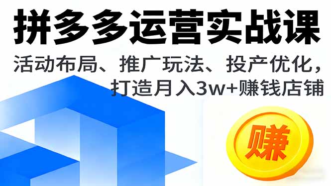 拼多多运营实战课，活动布局、推广玩法、投产优化，打造月入3w+赚钱店铺