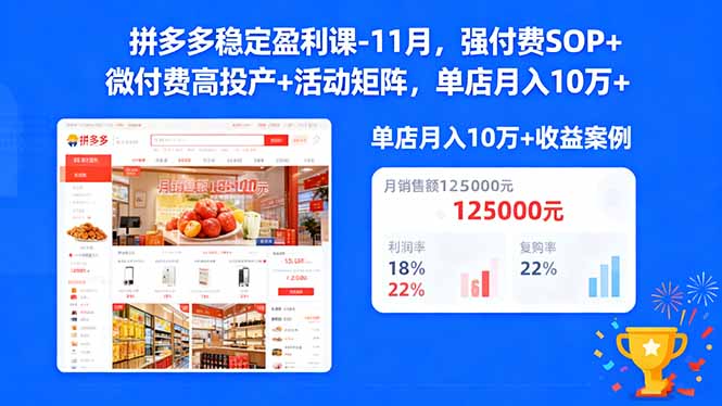 拼多多稳定盈利课-11月，强付费SOP+微付费高投产+活动矩阵，单店月入10w+