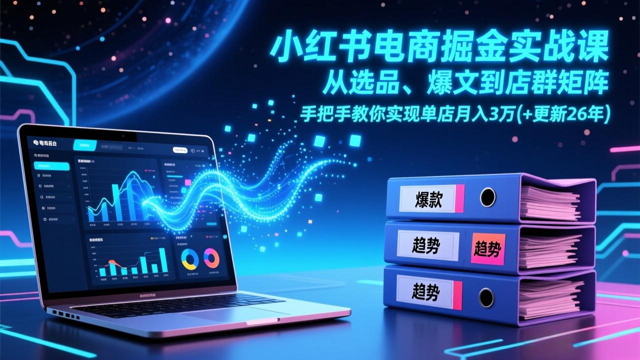 小红书电商掘金实战课，从选品、爆文到店群矩阵，手把手教你实现单店月入3万+(更新26年)