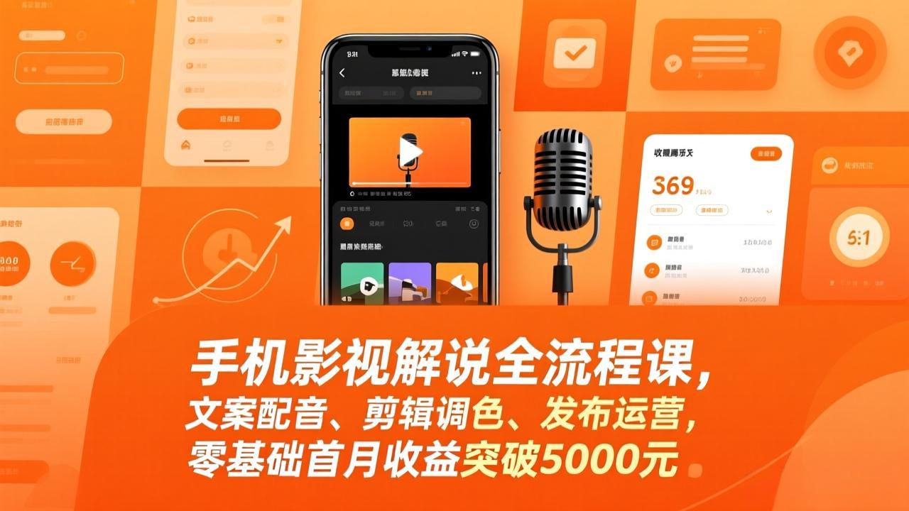 手机影视解说全流程课,文案配音、剪辑调色、发布运营,零基础首月收益突破5000元