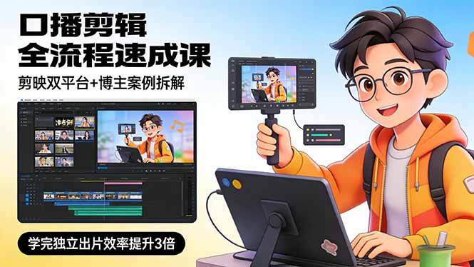 口播剪辑全流程速成课,剪映双平台+博主案例拆解,学完独立出片效率提升3倍