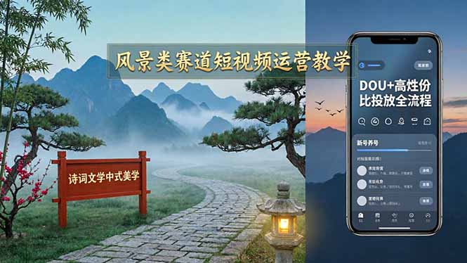 风景类赛道短视频运营教学:诗词文学中式美学,新号养号对标账号定位,DOU+高性价比投放全流程