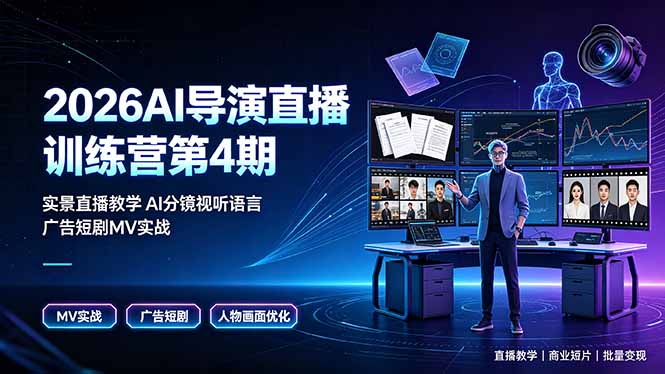 ,实景直播教学AI分镜视听语言,广告短剧MV实战,解决人物画面崩坏痛点
