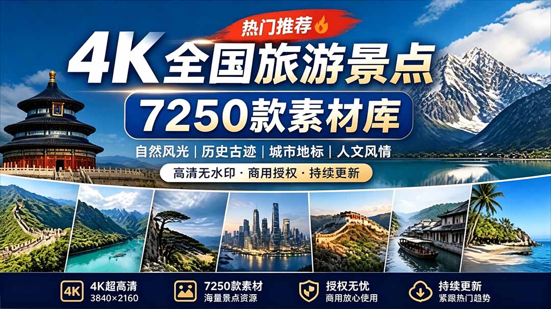 热门全国旅游风景素材!4K全国旅游景点素材库,7250款素材,旅行达人城市航拍风景风光高清短视频