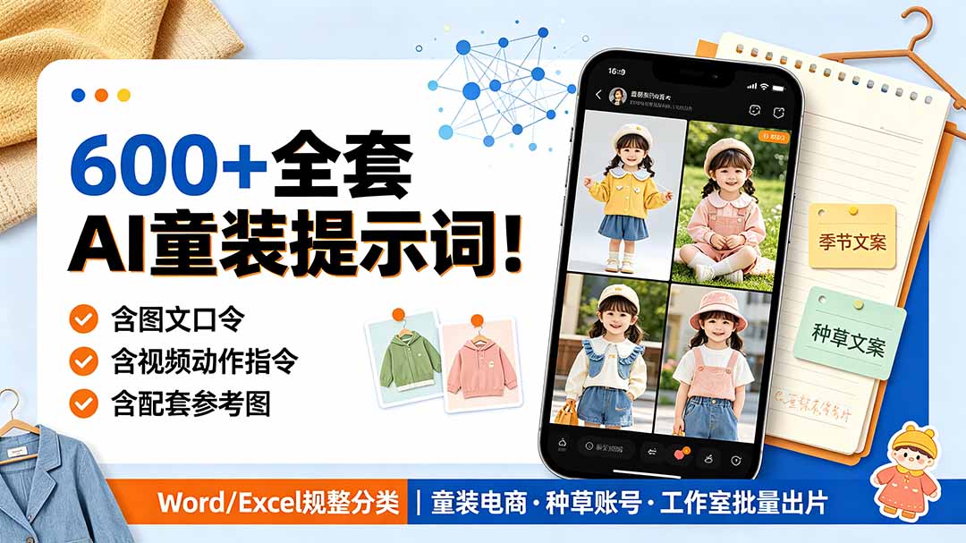 600+全套AI童装提示词!含图文口令+视频动作指令+配套参考图,Word/Excel规整分类,童装电商、种草无脑量产内容