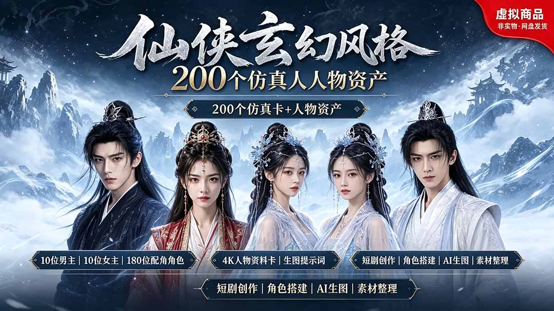 200个仙侠玄幻仿真人素材◆10男主×10女主×180配角,4K资料卡+AI生图提示词,漫剧必备