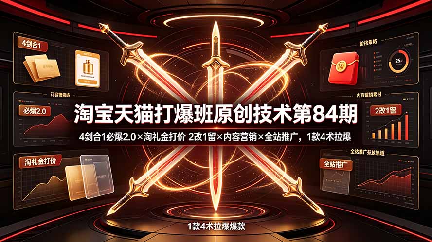 ：4剑合1必爆2.0×淘礼金打价×2改1留×内容营销×全站推广，1款4术拉爆