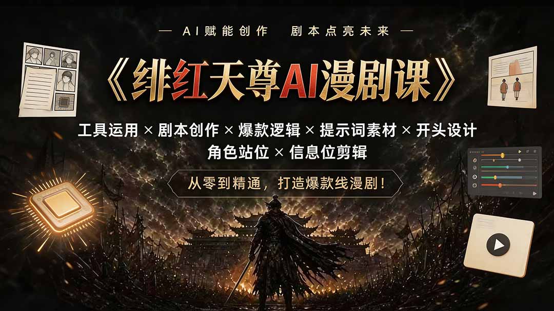 绯红天尊AI漫剧课|工具运用×剧本创作×爆款逻辑×提示词素材×开头设计×角色站位×信息位剪辑
