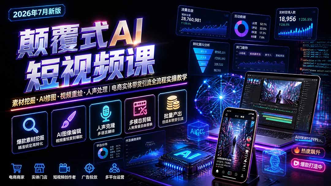 颠覆式AI短视频课｜素材挖掘，AI修图，视频重绘，人声处理｜电商实体带货引流全流程实操教学