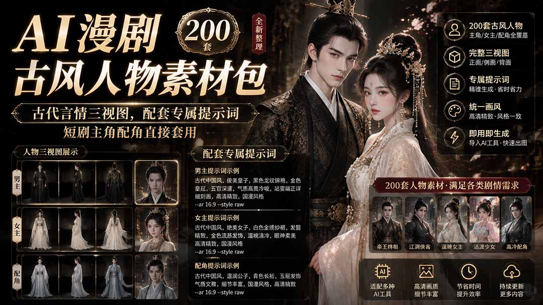AI漫剧古风人物素材包+提示词|200 套古代言情三视图,配套专属提示词短剧主角配角直接套用