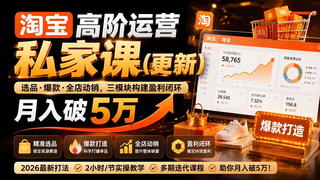 淘宝高阶运营私家课(更新26年):选品、爆款、全店动销,三模块构建盈利闭环,月入破5万