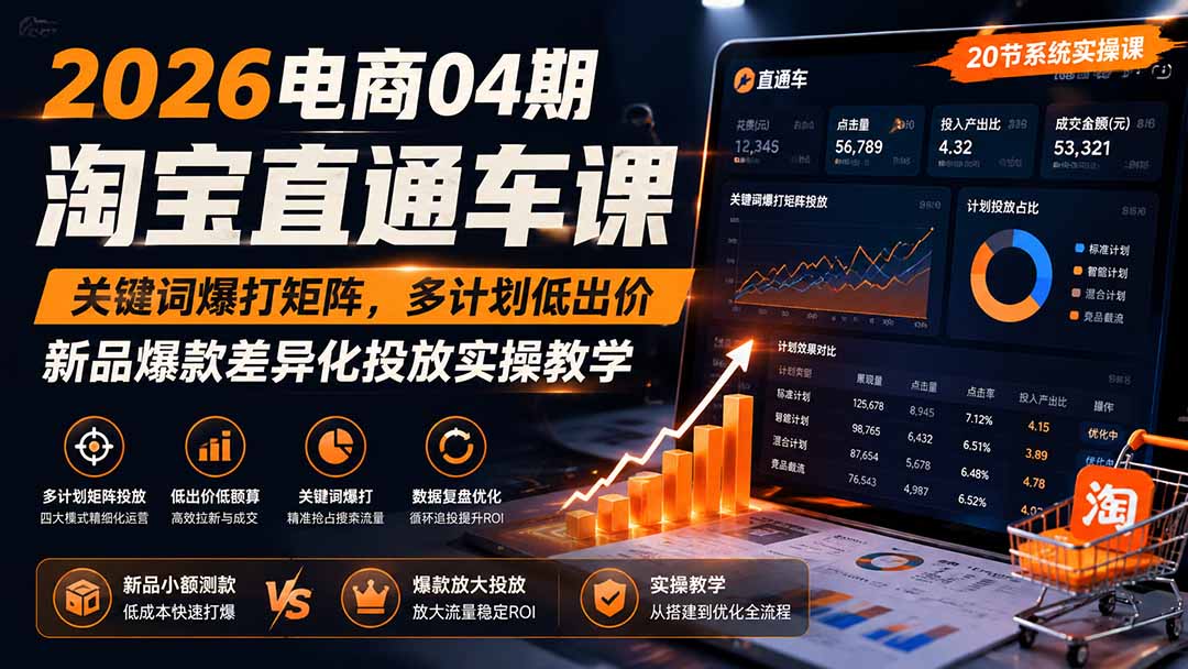 淘宝直通车课|关键词爆打矩阵,多计划低出价,新品爆款差异化投放实操教学