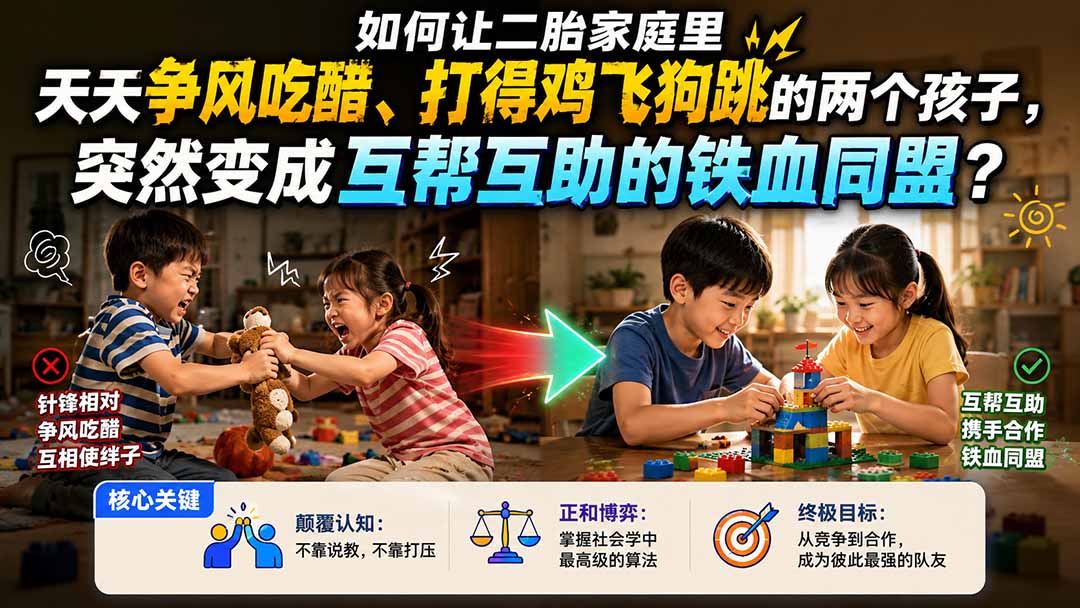 付费文章：如何让二胎家庭里天天争风吃醋、打得鸡飞狗跳的两个孩子，突然变成互帮互助的铁血同盟？