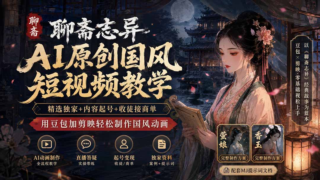 聊斋志异AI原创国风短视频教学;精选独家+内容起号+收徒接商单,用豆包加剪映轻松制作国风动画