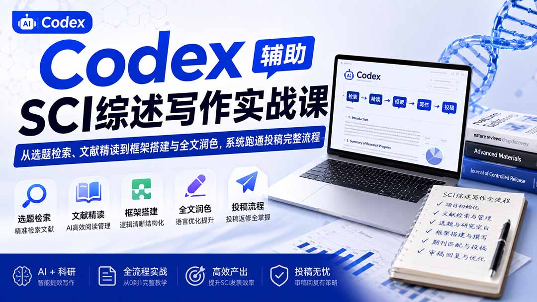 Codex辅助SCI综述写作实战课——从选题检索、文献精读到框架搭建与全文润色，系统跑通投稿完整流程