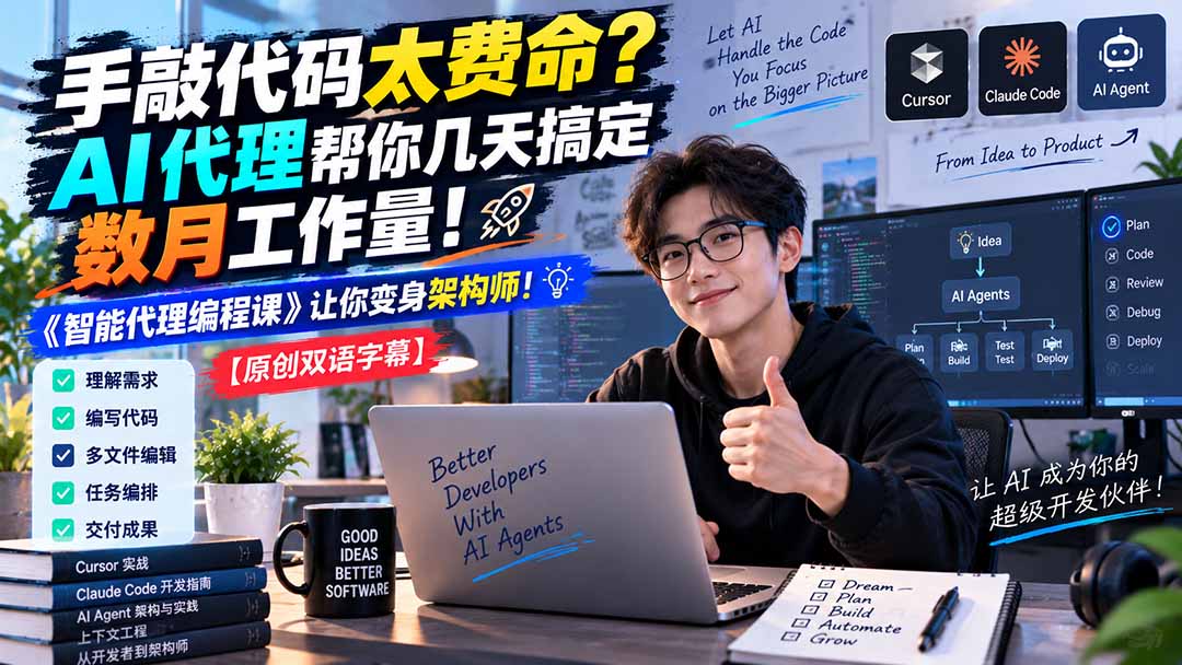 手敲代码太费命？AI 代理帮你几天搞定数月工作量！《智能代理编程课》让你变身架构师