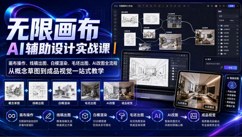 无限画布AI辅助设计实战课0923更新|线稿白模毛坯出图全打通