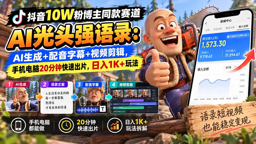 抖音AI光头强语录赛道:手机电脑20分钟出片,日入1K+