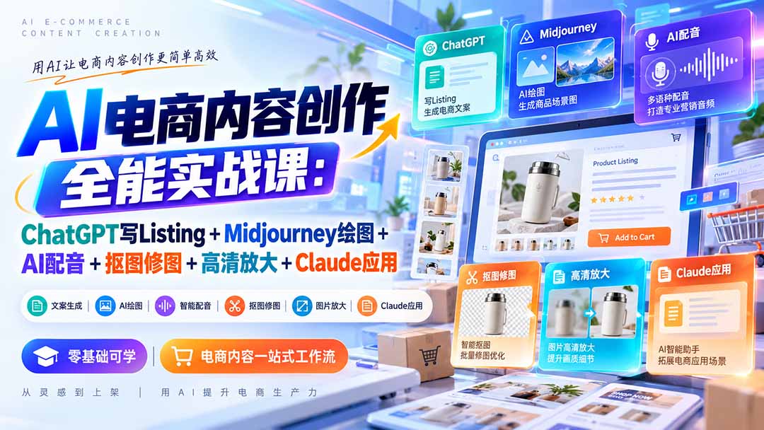 AI电商内容创作实战课,文案图片配音一次打通