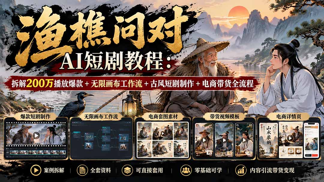 200万播放拆解:渔樵问对AI短剧无限画布工作流+古风带货教程