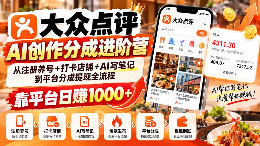 大众点评创作分成进阶营：AI写笔记赚钱日赚1000+