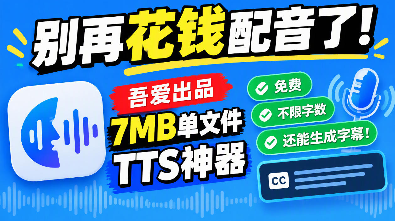配音还在花冤枉钱?7MB免费TTS工具,配音出字幕一站搞定