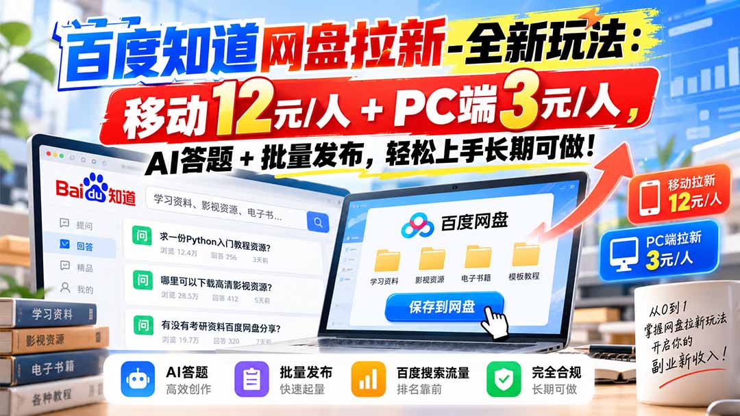 百度知道网盘拉新:单人12元起,AI答题批量做长期有收益