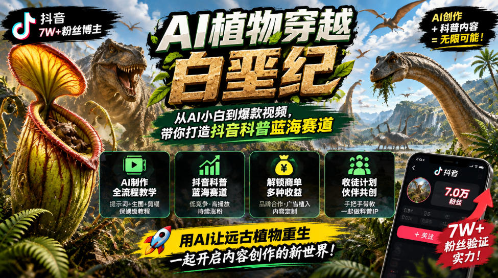 7万粉博主AI植物穿越白垩纪教程,电脑配置零要求
