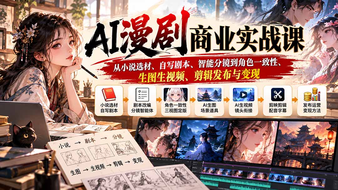 AI漫剧制作全流程课：小说转剧本分镜到AI生视频变现