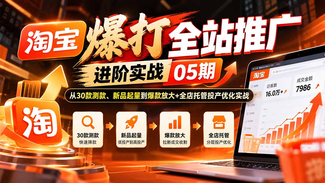 淘宝爆打全站推广进阶05期：30款测款起量到爆款放大运营
