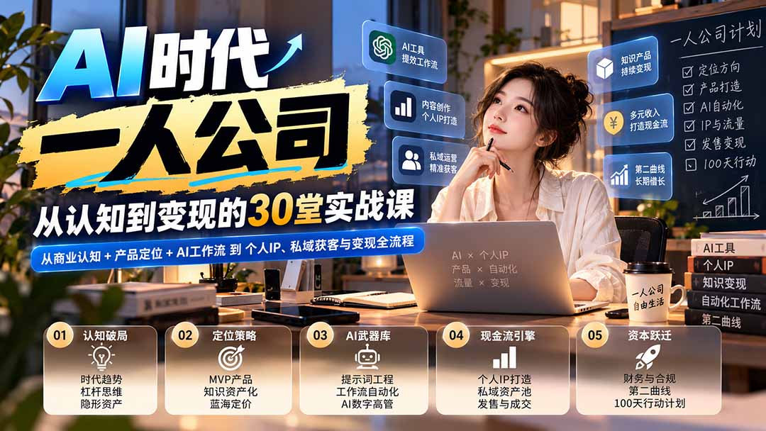 一人公司30堂实战课：从商业认知、AI工作流到个人IP变现全流程