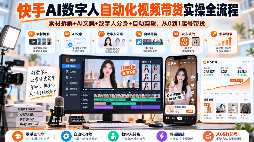 快手AI数字人带货26年新教程，0到1跑通全链路
