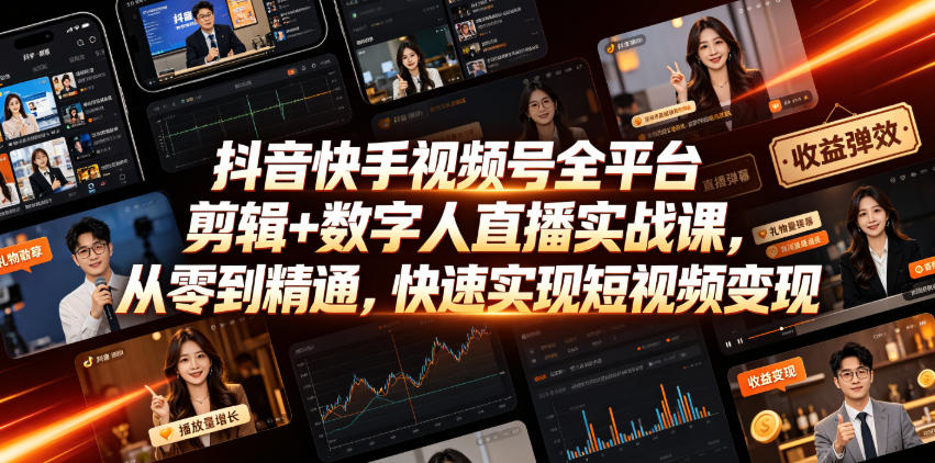 短视频剪辑教程：抖音快手视频号+数字人直播全拆解