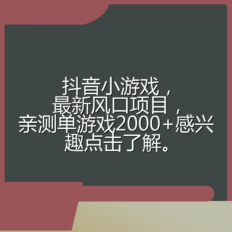 抖音小游戏，最新风口项目，亲测单游戏2000+感兴趣点击了解。