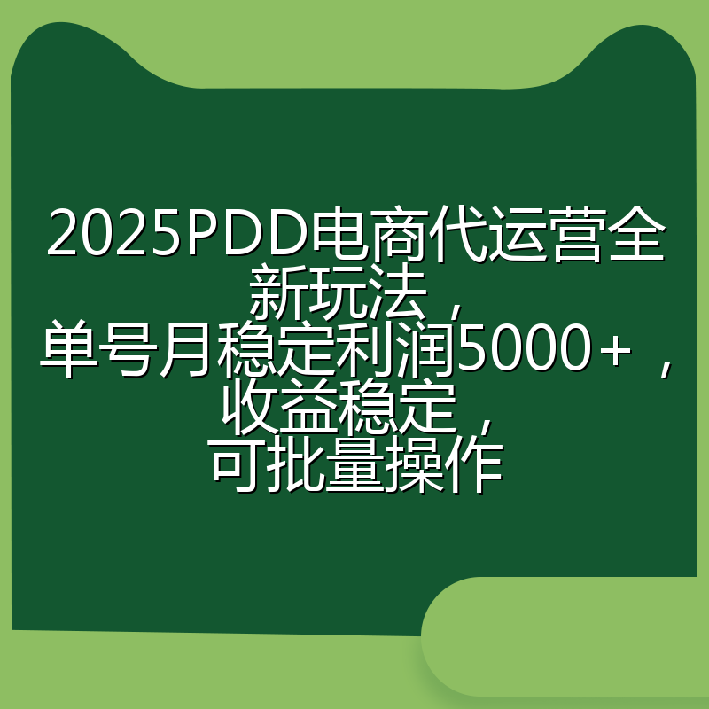 2025PDD电商代运营全新玩法,单号月稳定利润5000+,收益稳定,可批量操作