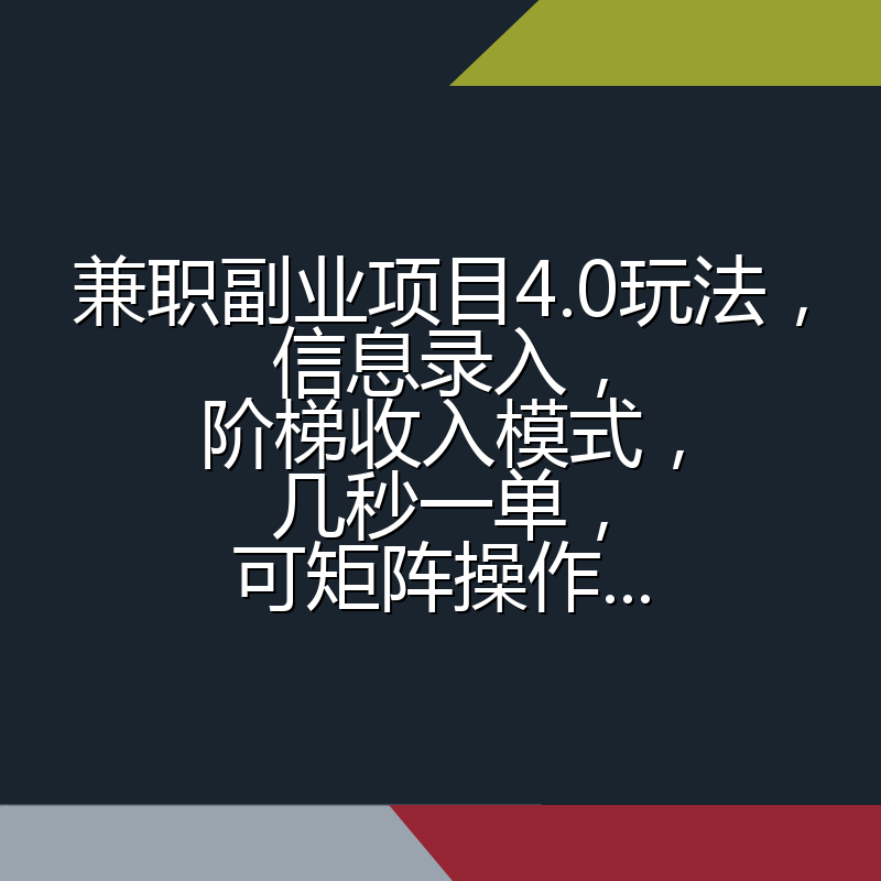 兼职副业项目4.0玩法,信息录入,阶梯收入模式,几秒一单,可矩阵操作...