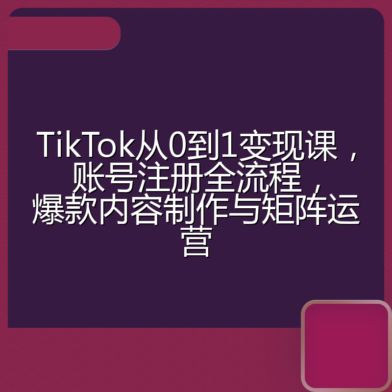 TikTok从0到1变现课，账号注册全流程，爆款内容制作与矩阵运营