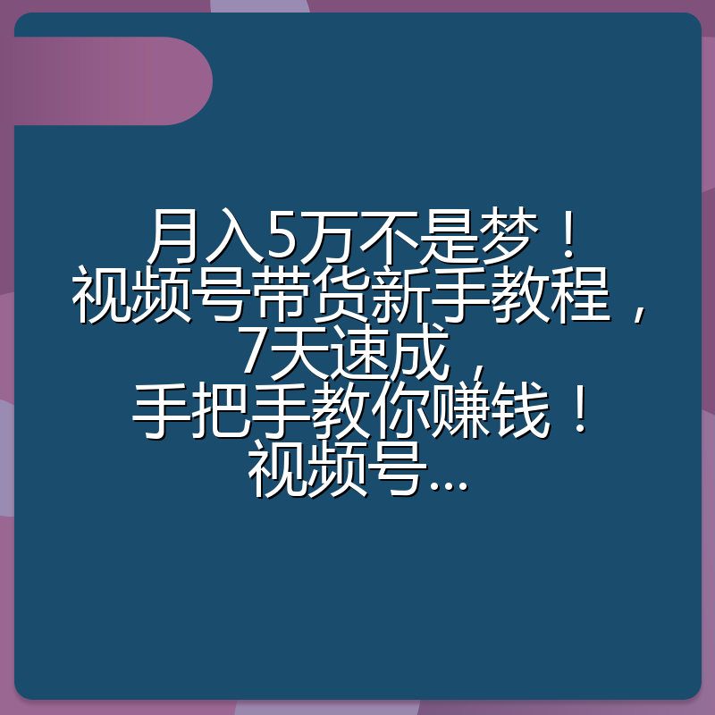 月入5万不是梦!视频号带货新手教程,7天速成,手把手教你赚钱!视频号...