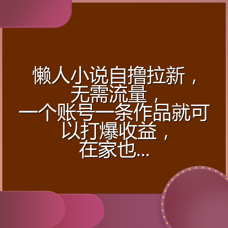 懒人小说自撸拉新，无需流量，一个账号一条作品就可以打爆收益，在家也...