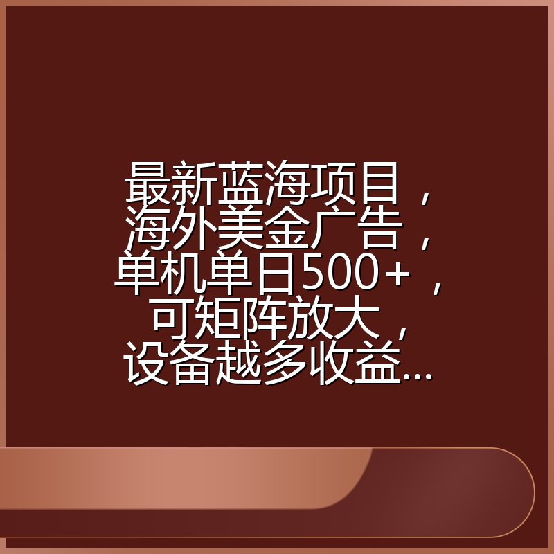 最新蓝海项目，海外美金广告，单机单日500+，可矩阵放大，设备越多收益...