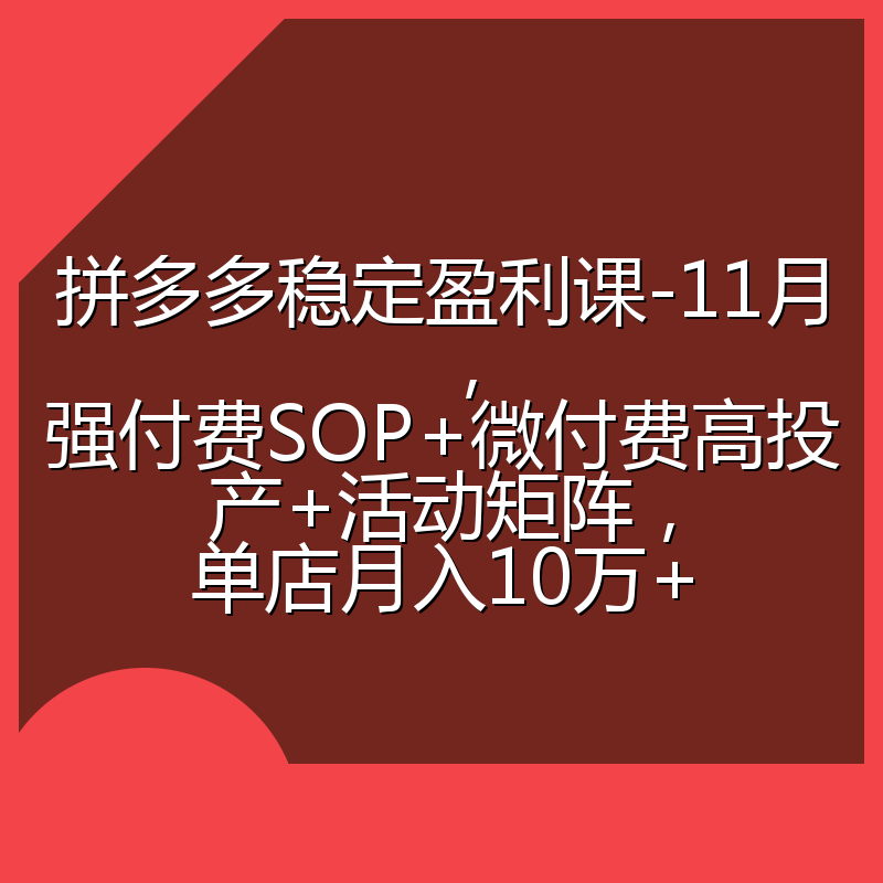 拼多多稳定盈利课-11月，强付费SOP+微付费高投产+活动矩阵，单店月入10万+