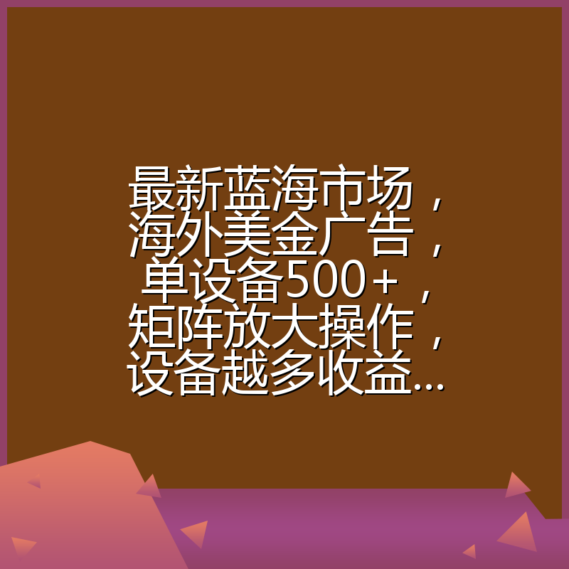 最新蓝海市场，海外美金广告，单设备500+，矩阵放大操作，设备越多收益...