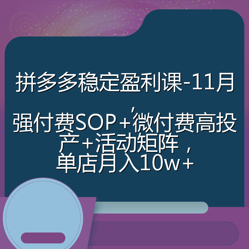 拼多多稳定盈利课-11月，强付费SOP+微付费高投产+活动矩阵，单店月入10w+