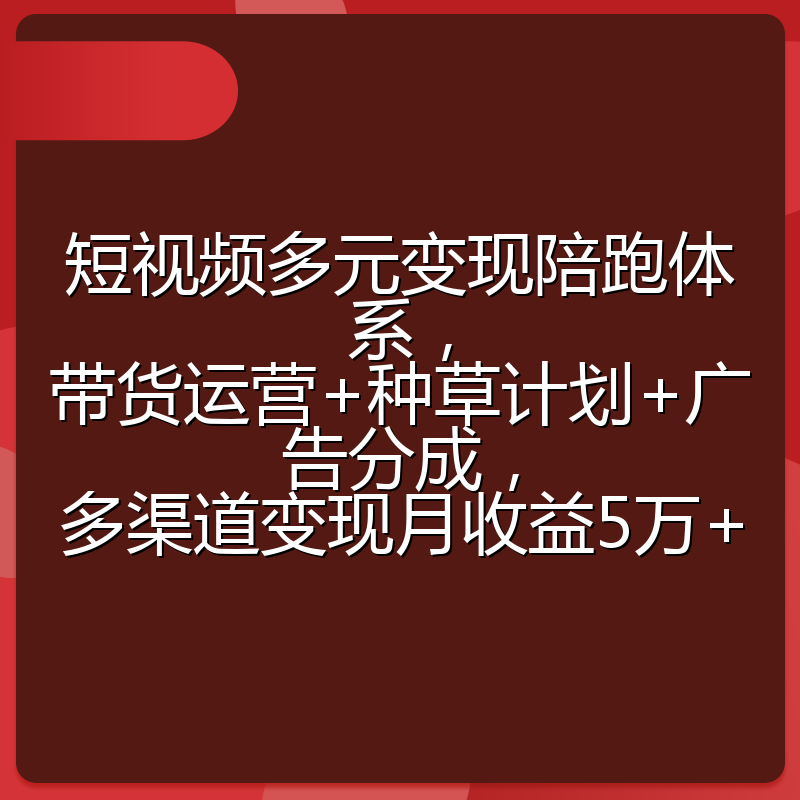 短视频多元变现陪跑体系，带货运营+种草计划+广告分成，多渠道变现月收益5万+
