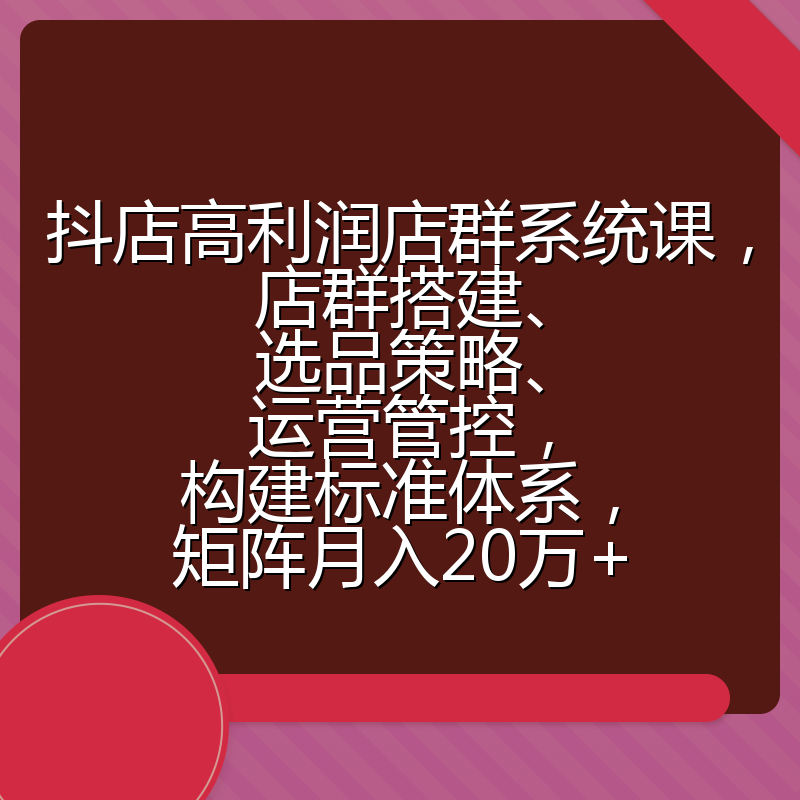 抖店高利润店群系统课，店群搭建、选品策略、运营管控，构建标准体系，矩阵月入20万+
