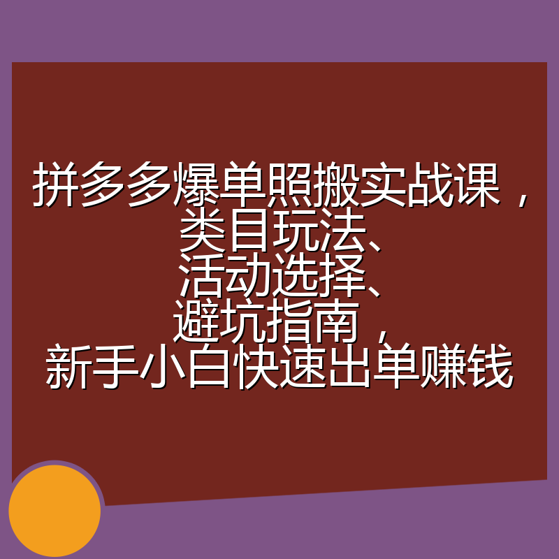 拼多多爆单照搬实战课，类目玩法、活动选择、避坑指南，新手小白快速出单赚钱