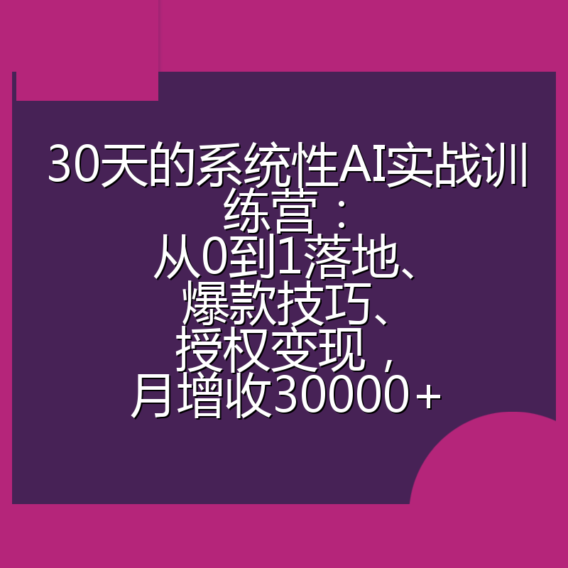 30天的系统性AI实战训练营：从0到1落地、爆款技巧、授权变现，月增收30000+
