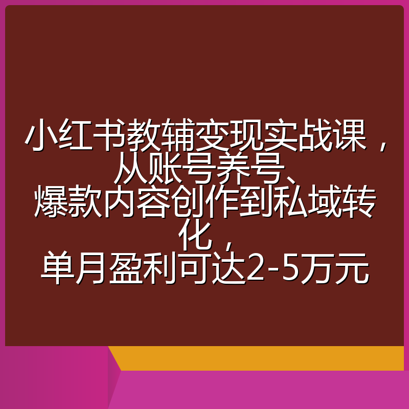 小红书教辅变现实战课，从账号养号、爆款内容创作到私域转化，单月盈利可达2-5万元